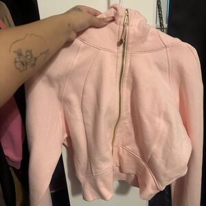 Strawberry milkshake gold zipper cropped scuba sweater